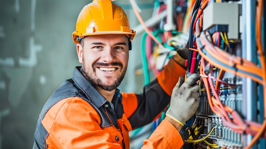 Lächelnder Elektriker arbeitet an Kabeln.